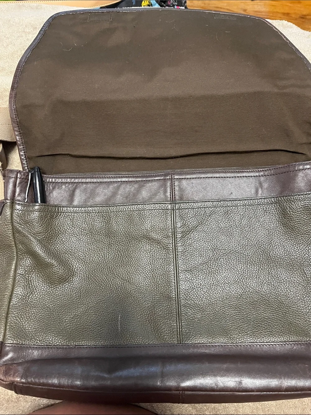 Leather Messenger Bag in Olive Green with Brown Trim Camden leather suede 2013